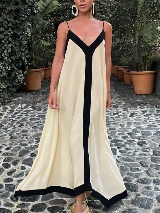 Commense Dresses & Skirts - Commense Cream Black Slip Maxi Dress Open Back Medium NWT Flowy Rayon Blend